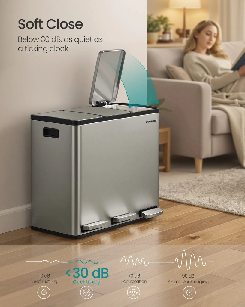 SONGMICS 3 x 18L szelektív konyhai szemetes, lágy záródás, ezüst