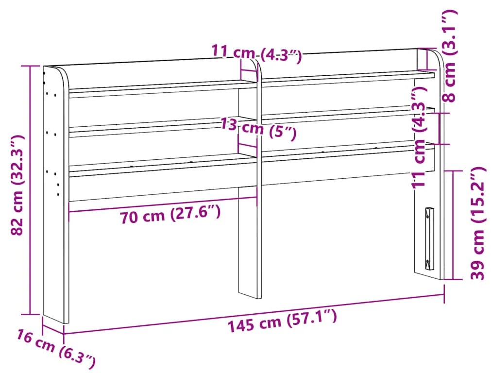 tömör fenyőfa fejtámla polcokkal 135 cm