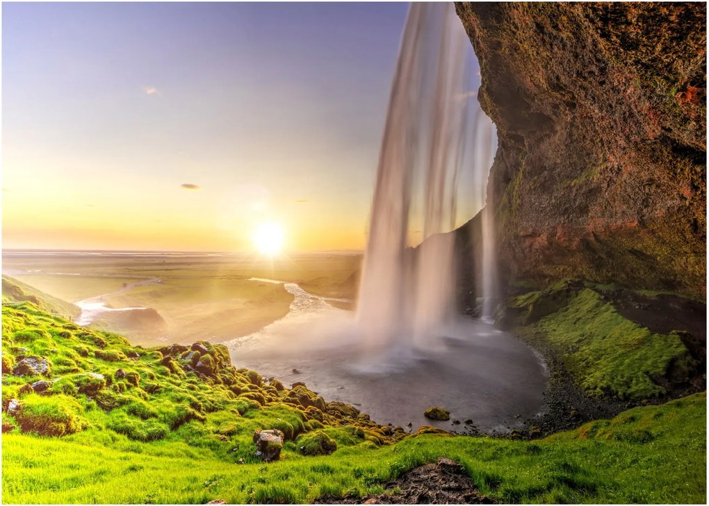 Üveg kép - Seljalandsfoss a barlang mögül (70x50 cm)