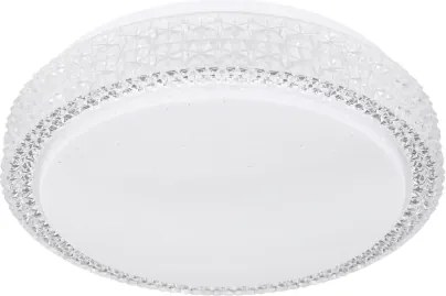 Globo 41749-12 Mennyezeti lámpa fehér váz, akril fehér búra, akril-kristály és sparkle effekt dekorral. Fali kapcsolóról 3 lépésben színhőmérsékletváltós. Ø:260, H:80, tartozék: 1xLED 12W 230V, 980lm, CCT 3.000-4500-6.500