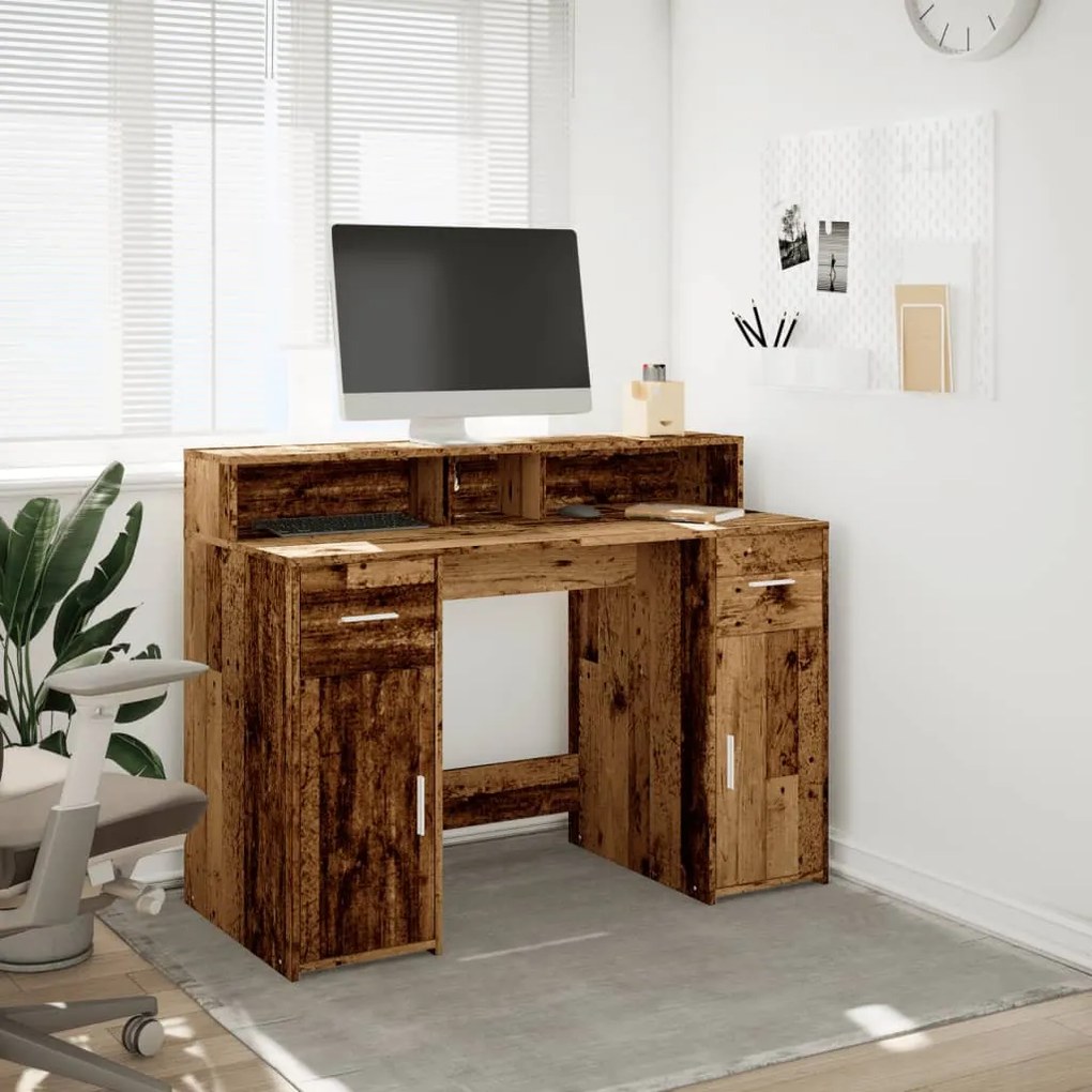 antik fa színű szerelt fa íróasztal LED-ekkel 120 x 55 x 91 cm