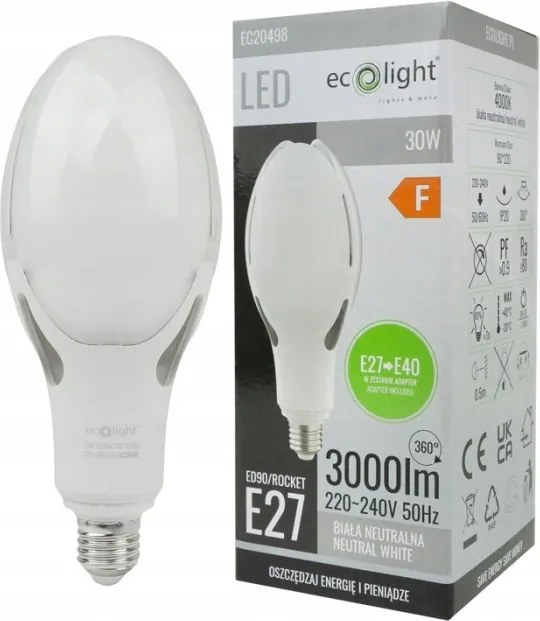 Led izzó E27 menetes adapter E40 30W Semleges fény 4000K 3000lm