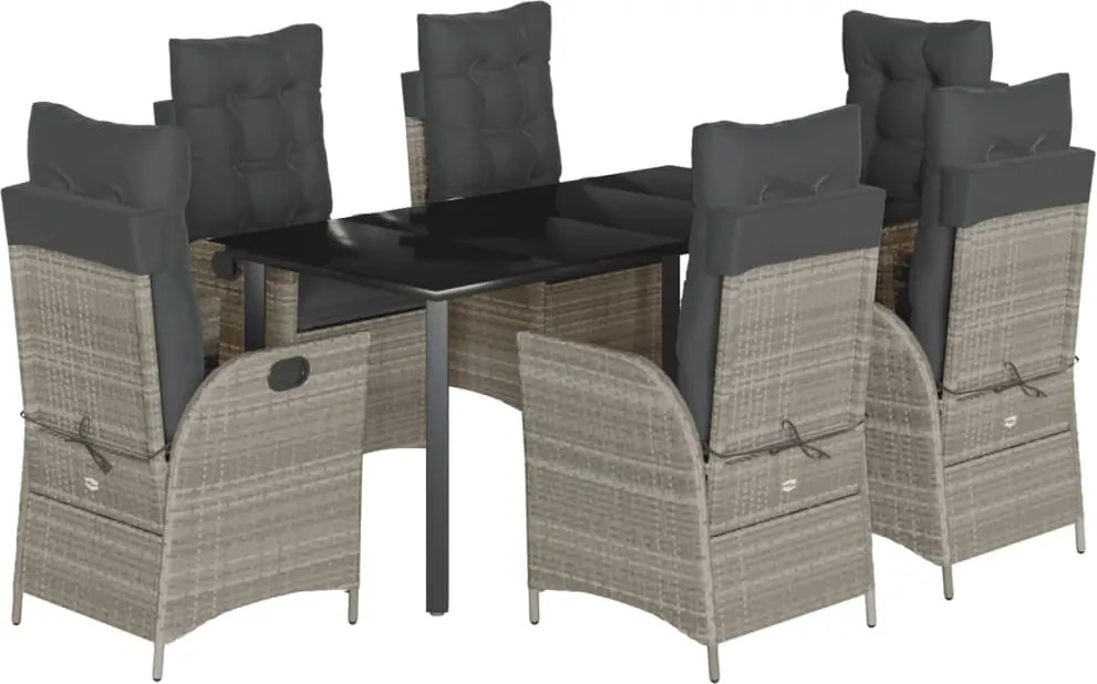 vidaXL 7 részes világosszürke polyrattan kerti étkezőszett párnával