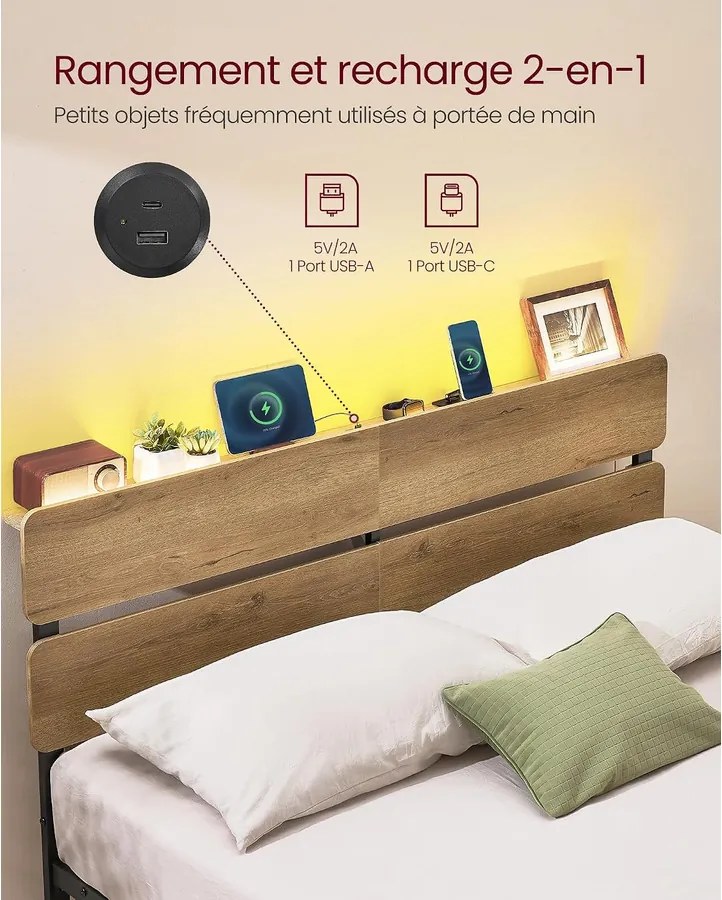 Vasagle fém ágykeret LED-del és USB-vel, 140x190 cm – Barnet
