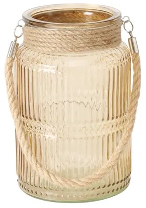 Bézs bordás üveg mécsestartó kötél füllel 21x13,5 cm