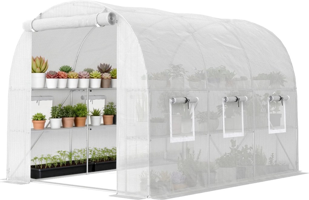 Outsunny PE alagút üvegház polcokkal, feltekerhető cipzáras ajtóval, 6 hálós ablakkal, merevítő rudakkal, UV-álló takaró, fehér (198 × 275 × 191 cm) |