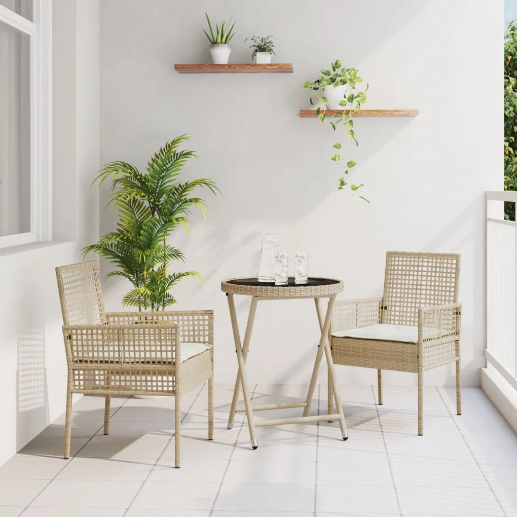 3 darabos Kerti Bistro Szett párnákkal Bézs Poly Rattan