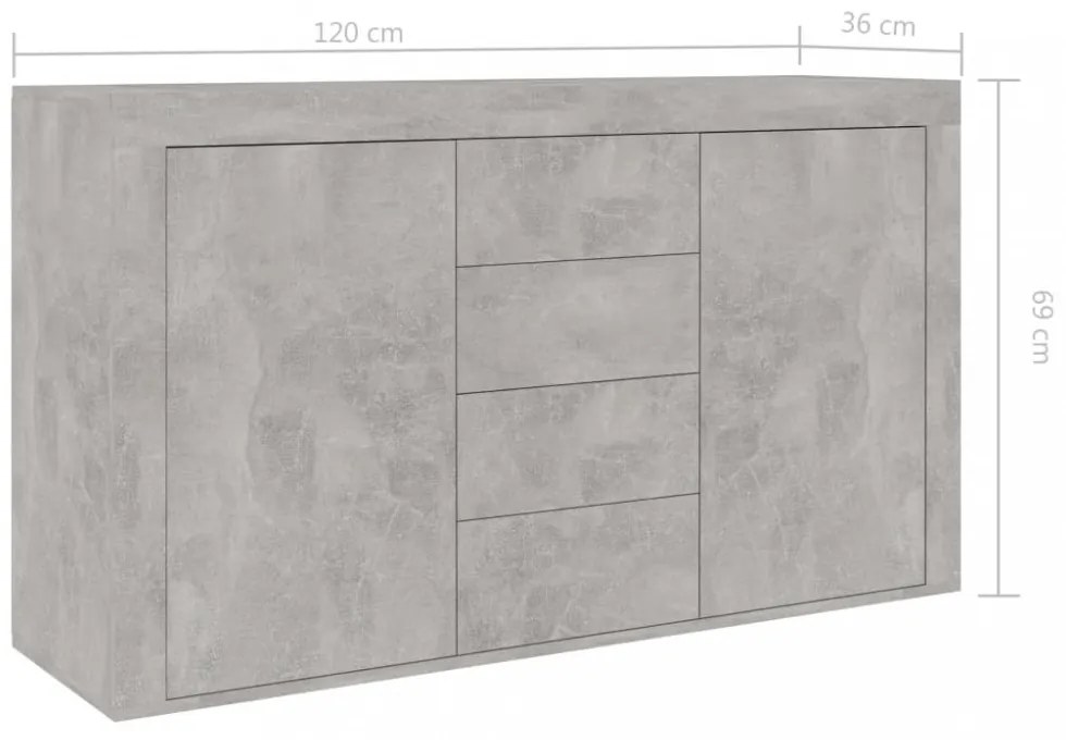 betonszürke szerelt fa tálalószekrény 120 x 36 x 69 cm