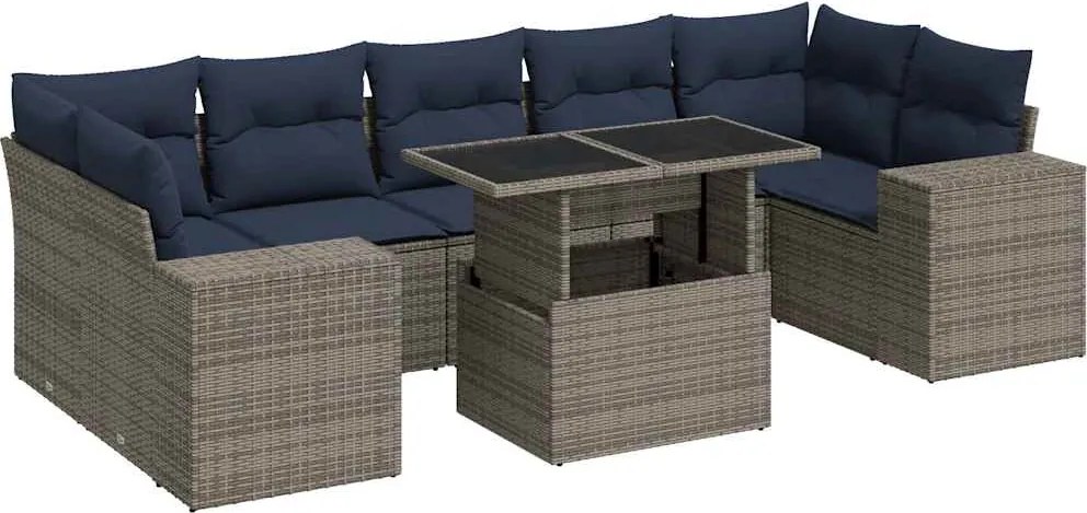 vidaXL 8 részes szürke polyrattan akácfa kerti ülőgarnitúra párnákkal