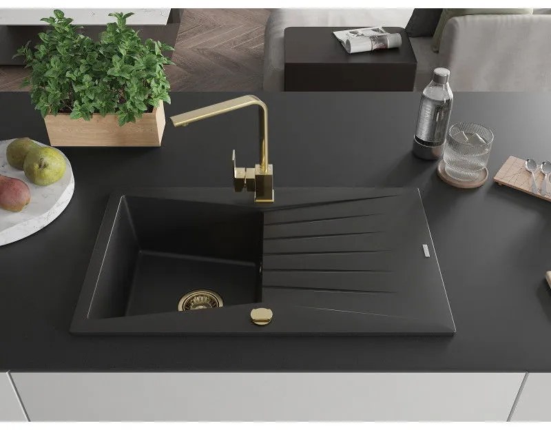 Mexen Cesar, gránit mosogató 775x470x190 mm, 1 kamrás, fekete arany szifonnal és arany Rita mosogató csapteleppel, 6514-77-670300-50