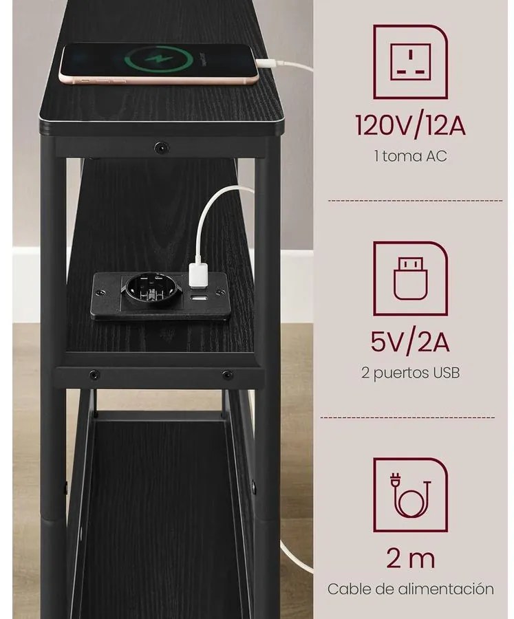 Keskeny oldal asztal töltő funkcióval 3 polcos, 18 x 45 x 58 cm tinta fekete