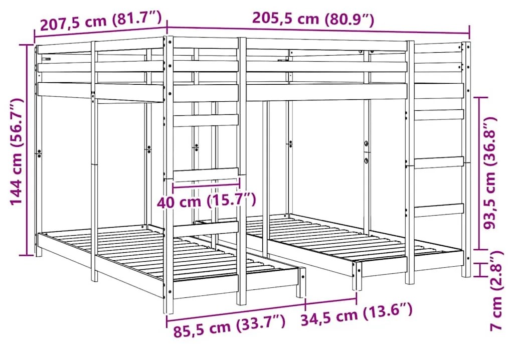 vidaXL Háromszintes emeletes ágykeret Fehér 200 x 200 cm Tömör fenyőfa