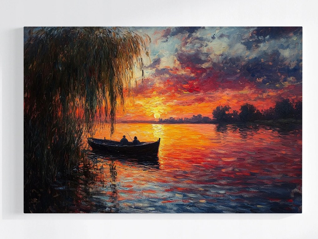 Poszter Tájkép Tó Csónak Halász Naplemente 120x80