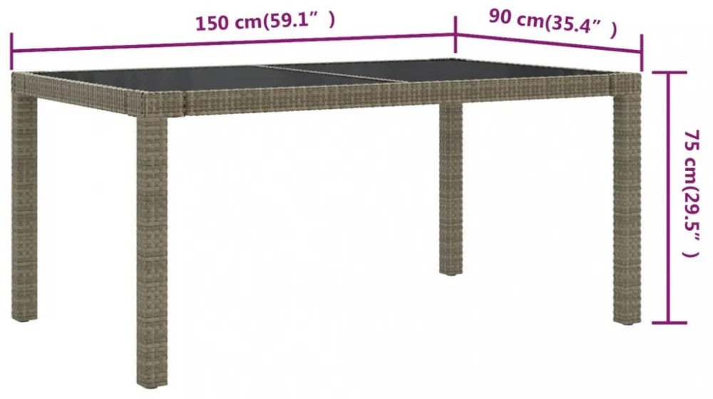 szürke polyrattan és edzett üveg kerti asztal 150 x 90 x 75 cm