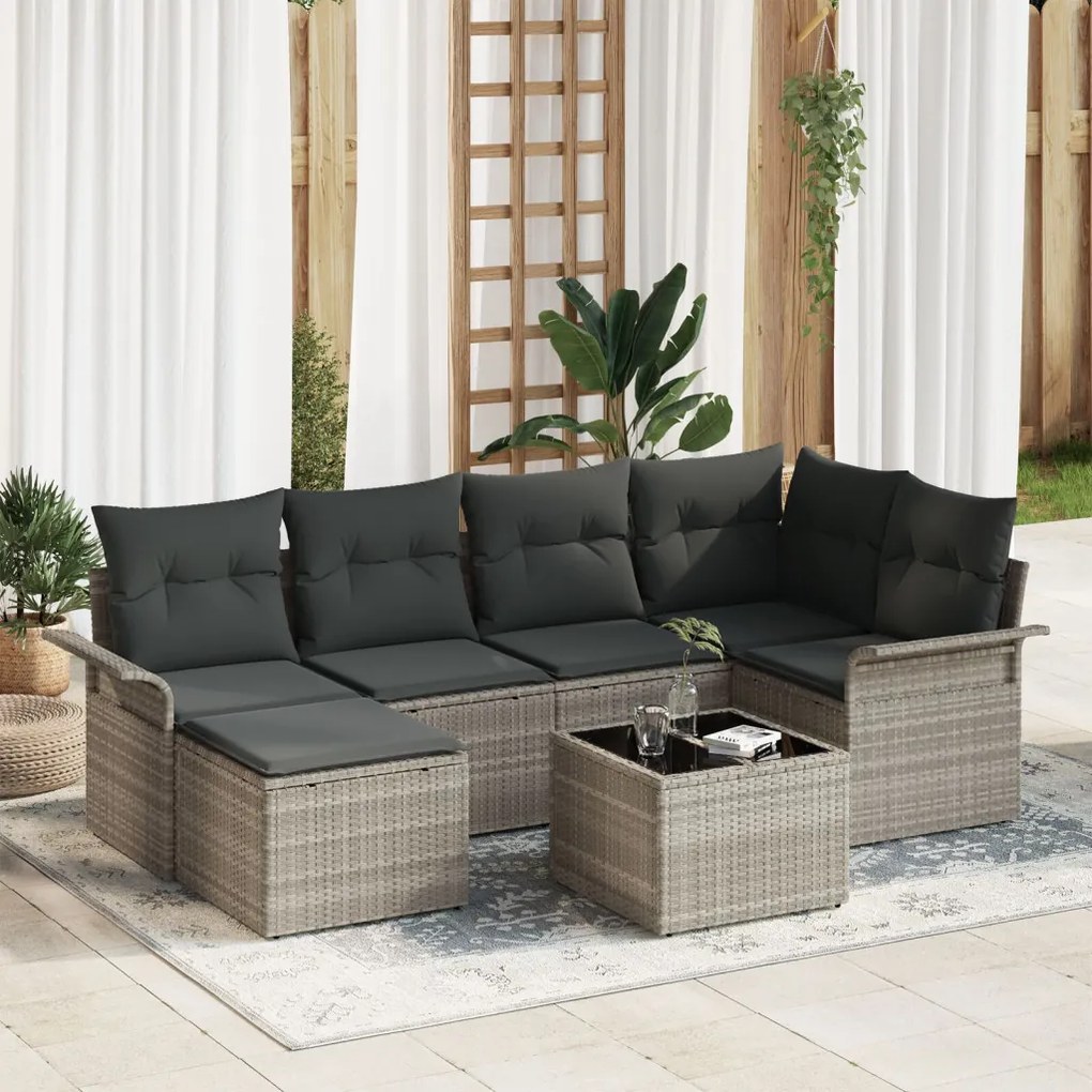 7 Részes Kert Kanapé Szett Párnákkal Szürke Poly Rattan, 2-Fős Kert Kanapé Tárolóval és Párnákkal Világosszürke Poly Rattan