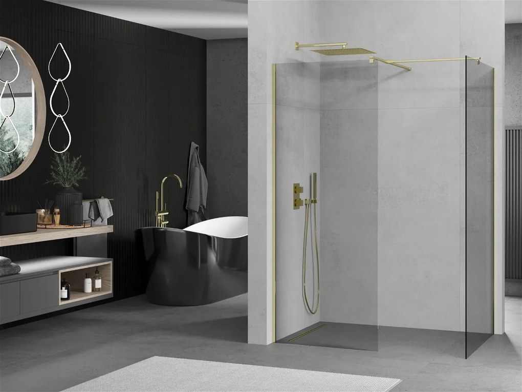 Mexen Kioto, 2 falas Walk-In zuhany paraván 145 x 110 cm, 8 mm átlátszó üveg, arany fényes profil, 800-145-202-50-00-110