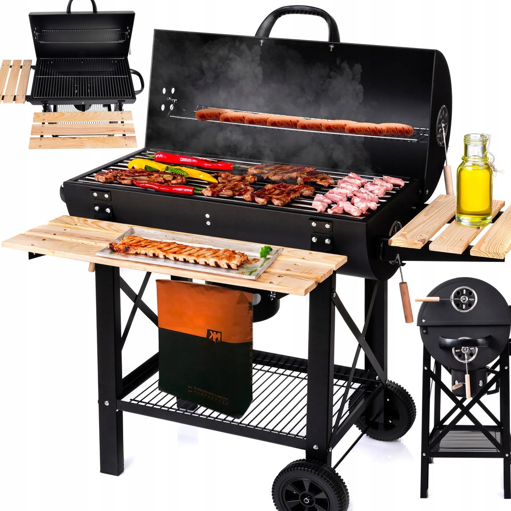 Kerti Faszenes Grill 2 Krómozott Grillrács 2 Polc Hamutartó Acél Fedéllel