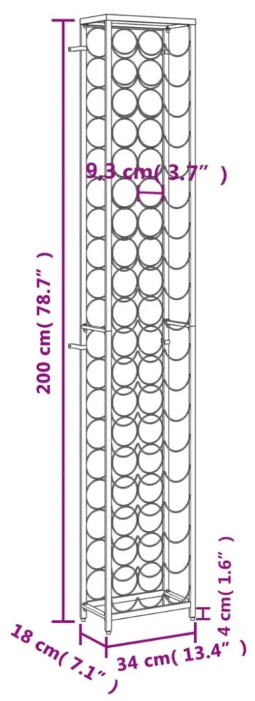 fekete kovácsoltvas bortartó 57 palackhoz 34 x 18 x 200 cm