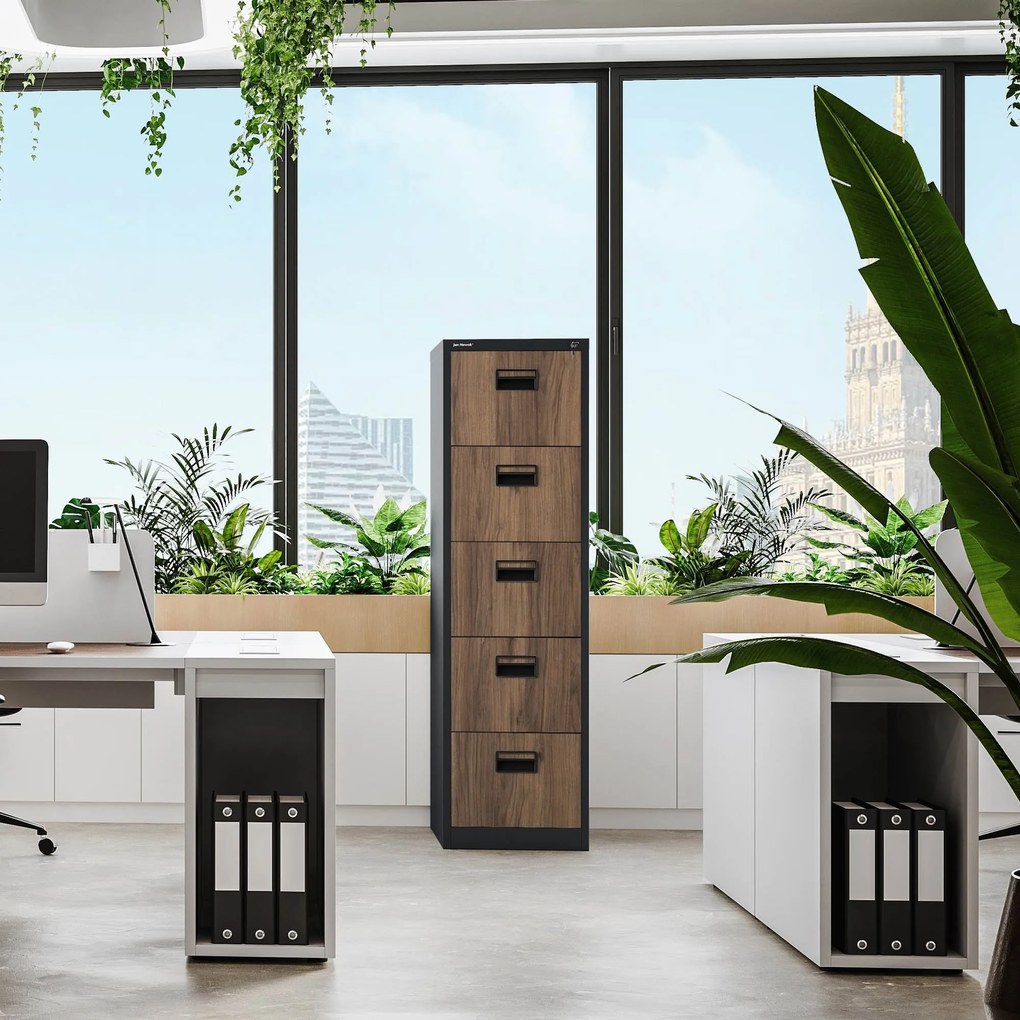 Fém irattartó szekrény, 5 fiókos SARA V5, 460 x 1630 x 620 mm, Eco Design: antracit/ dió