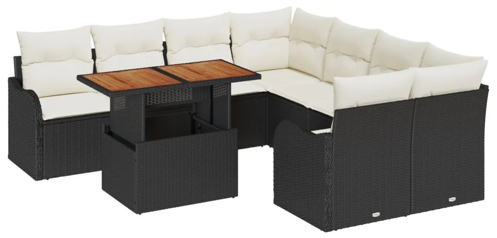 9 részes kert kanapé szett párnákkal fekete poli rattan akácia, 2 fős kert kanapé párnákkal fekete poli rattan