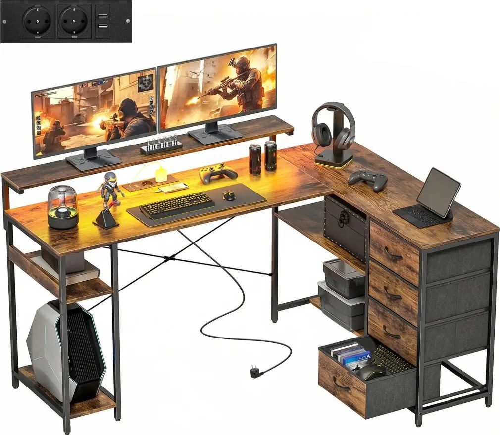 HOMCOM Gamer asztal, LED világítással-konnektorral, 4 fiókkal, monitorállvánnyal, barna