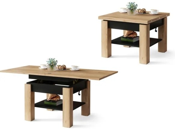 Átalakítható dohányzó/étkezőasztal emelhető asztallappal CALEB Craft tölgy/fekete