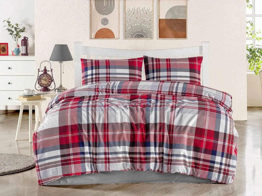 Karo piros flanel ágyneműhuzat 200x140cm+90x70cm TiaHome