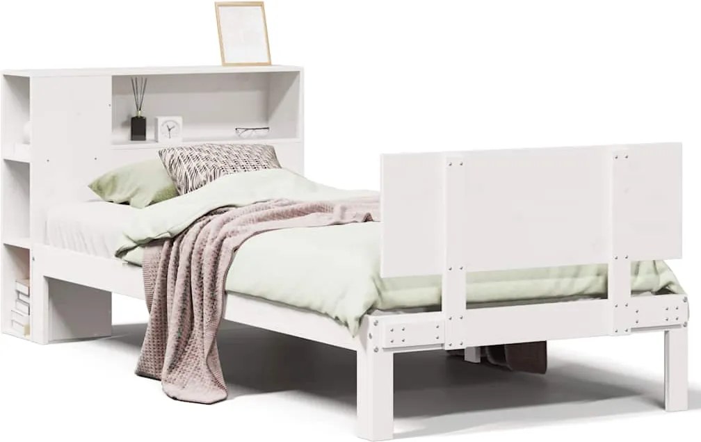 vidaXL fehér tömör fenyőfa könyvespolcos ágy matrac nélkül 75 x 190 cm