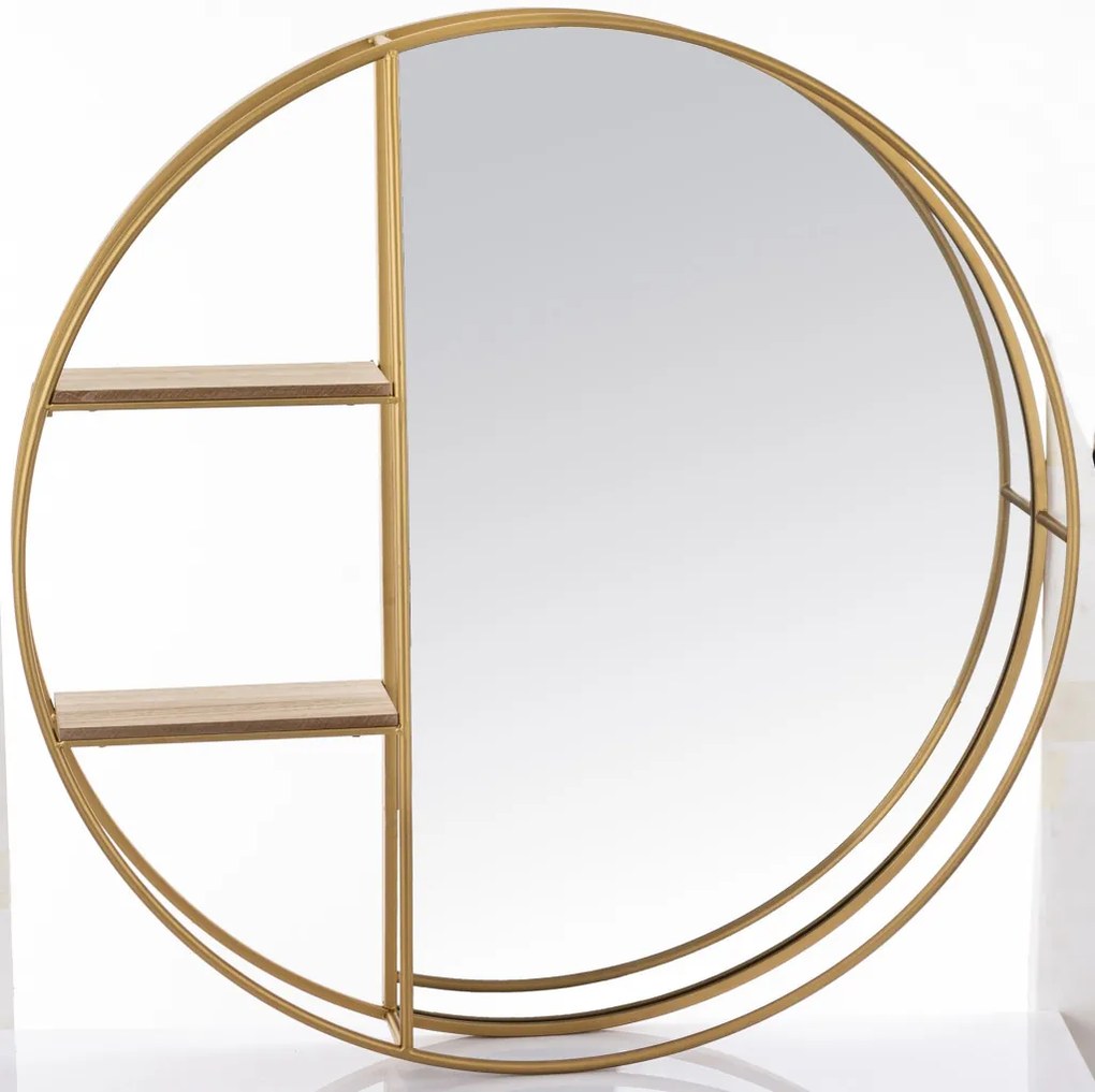 Design kör alakú fürdőszobai fali polcos tükör fa polcokkal 80x80x12cm