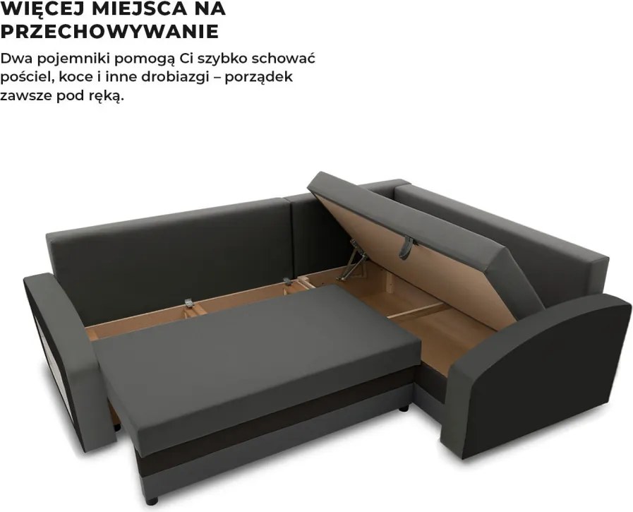 Grande sarokkanapé polcokkal , polc a bal karfaban, jobboldali, szövet anyag, bonell töltet, szürke - fekete