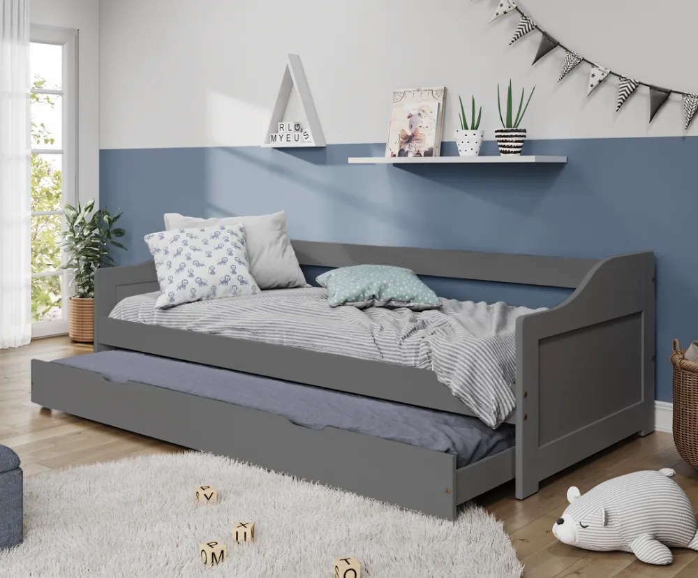 Ágy kihúzható pótággyal, szürke, tömörfa, 90x200, LAURA NEW