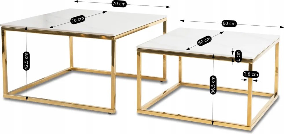 Kerámia dohányzóasztal szett fehér márvány hatású felülettel, arany kivitelben TENOR