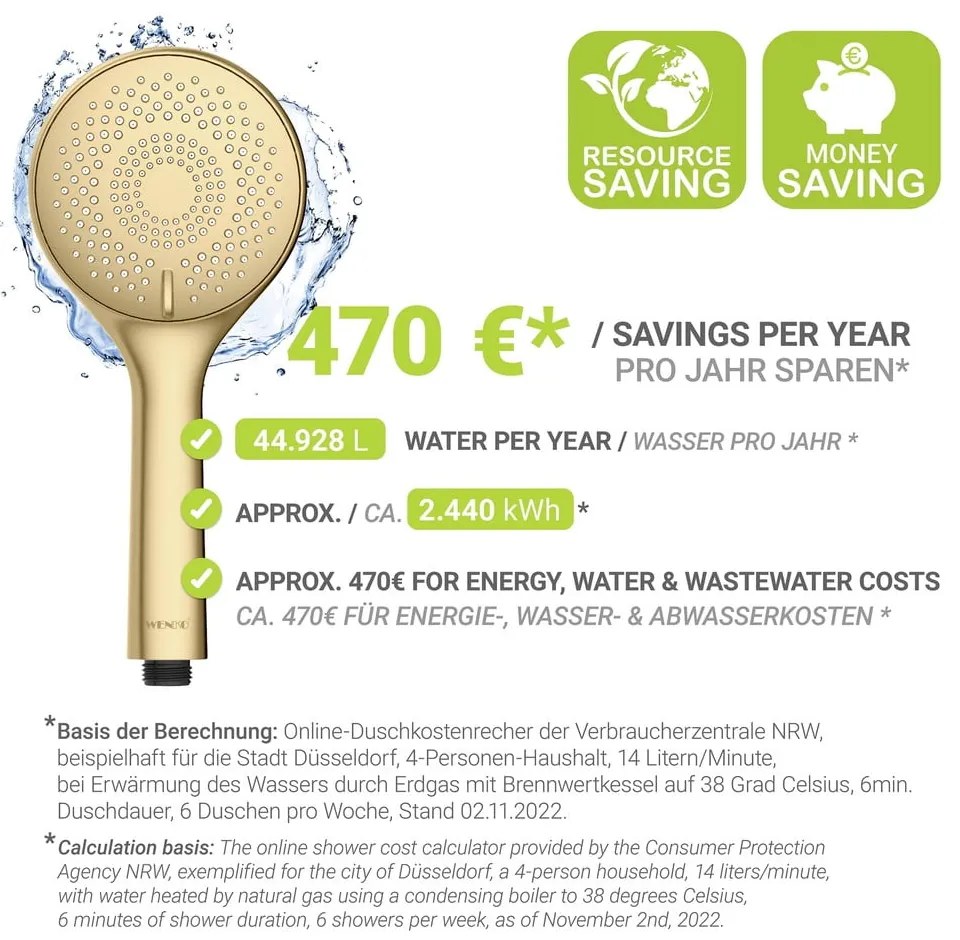 Matt aranyszínű műanyag gazdaságos zuhanyfej ø 11 cm Watersaving System – Wenko