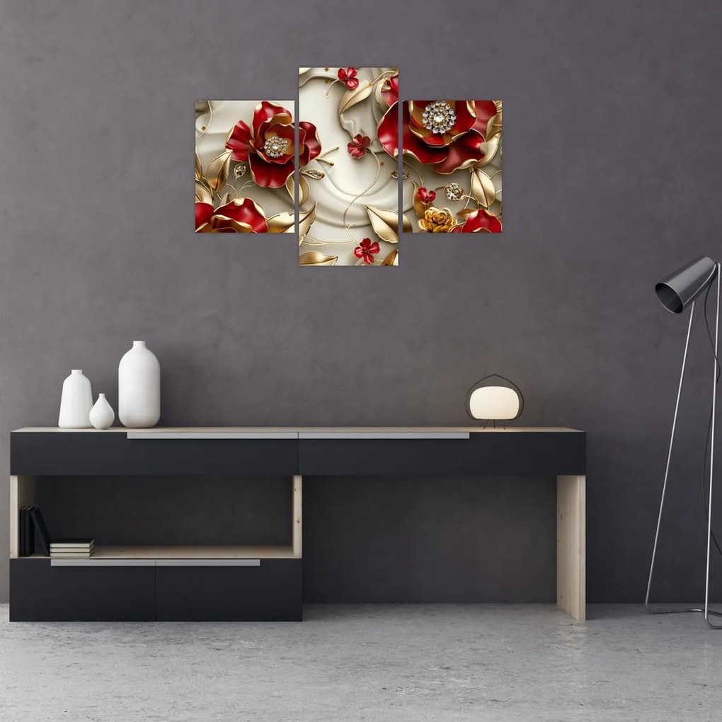 Kép - 3D piros-arany virágok (90x60 cm)