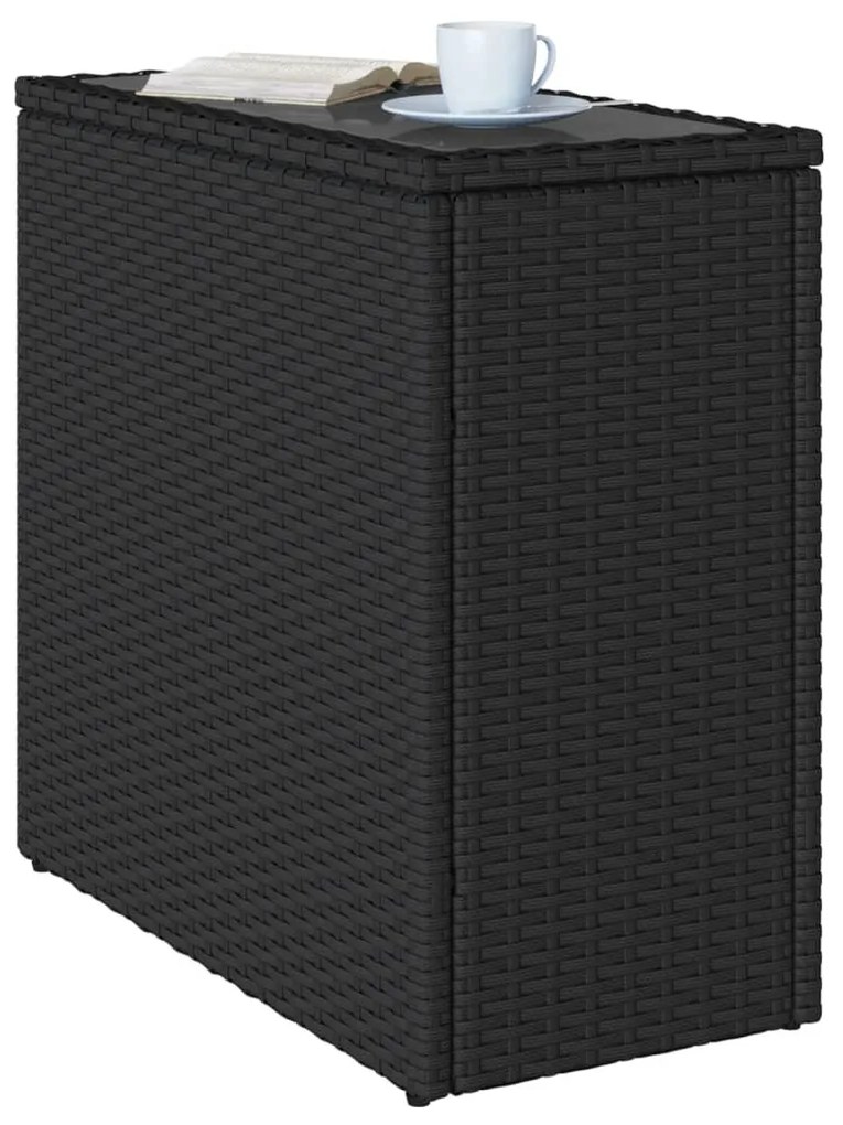 fekete polyrattan üveglapos kerti kisasztal 58 x 27,5 x 55 cm