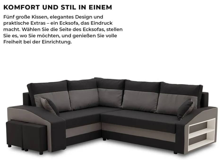 Grande sarokkanapé polcokkal és puffokkal , polc a jobb karfaban puffok a bal karfaban, baloldali, szövet anyag, hab töltet, fekete - szürke