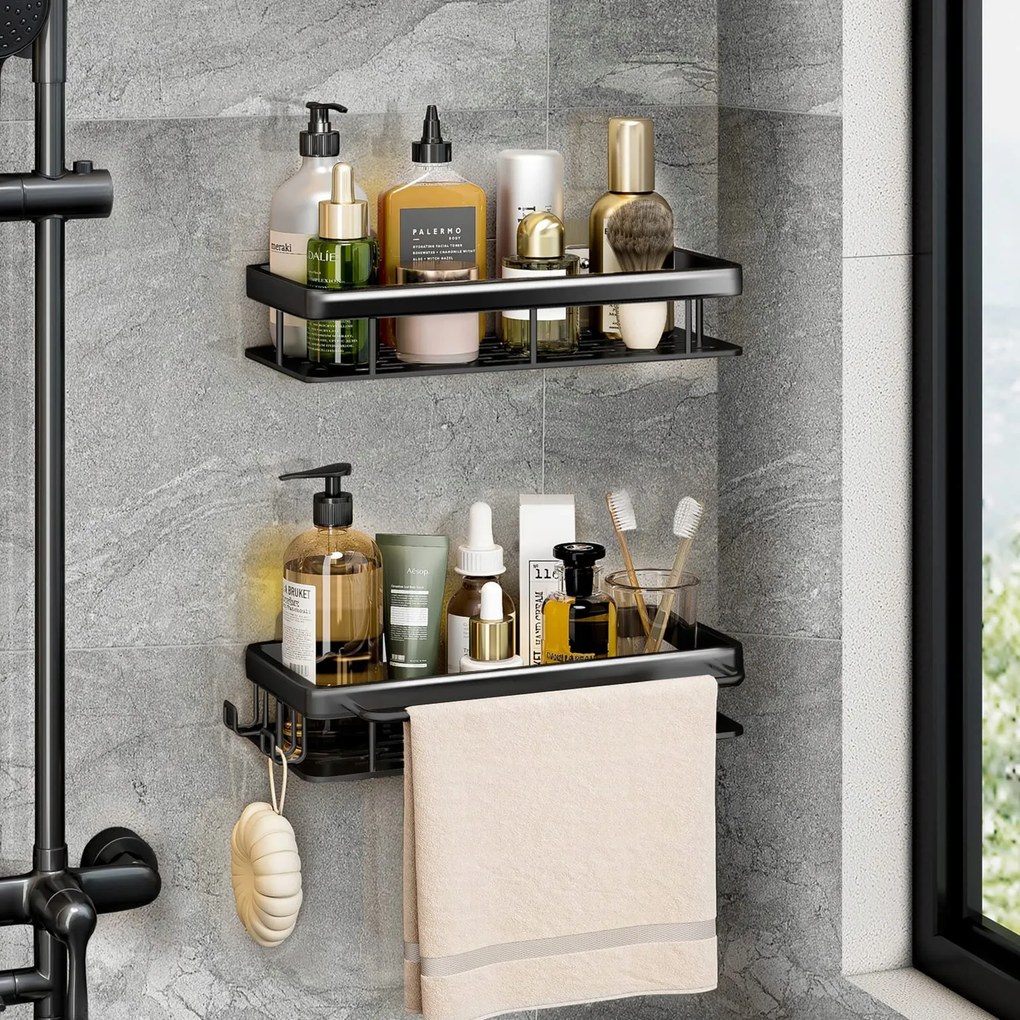 2DB Fürdőszobai Zuhanypolc öntapadós/fúrható matt fekete