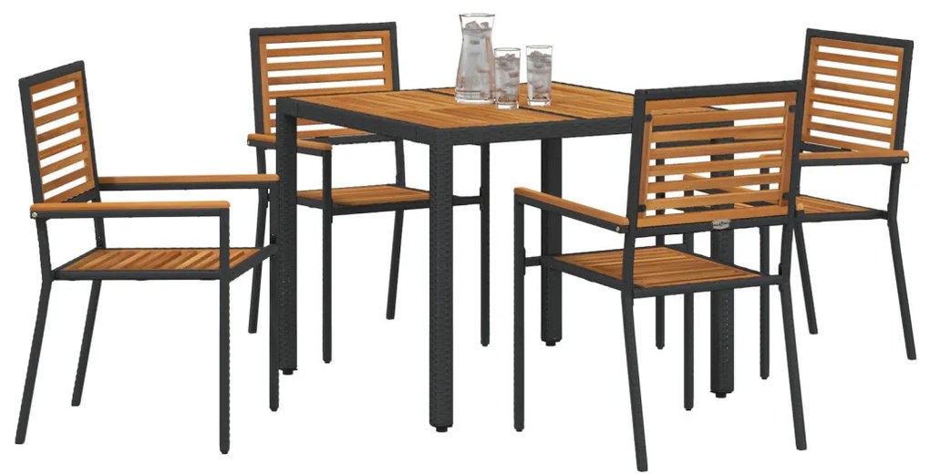 5 darabos kerti étkező szett fekete polyrattan akáccal, rakható kerti székek párnákkal 2 db fekete polyrattan