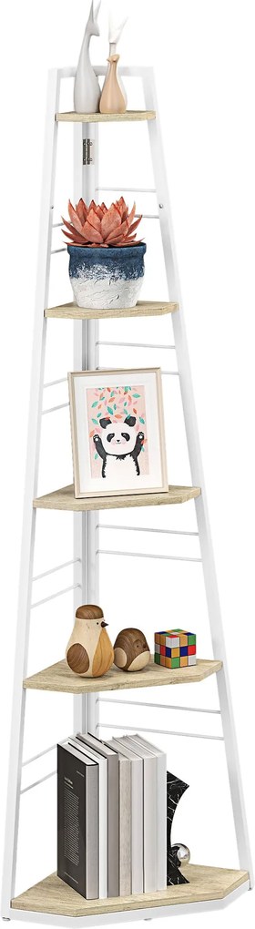 HOMCOM 5-Szintes Sarok Könyvespolc, Modern Összecsukható Polc Állítható Lábakkal, Acél és Fa Könyvespolc, 37.5x37.5x160 cm, Fa szín | Aosom