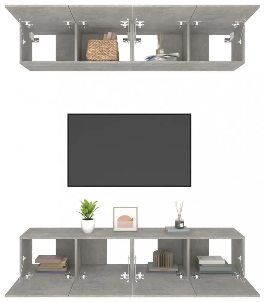 vidaXL4 db betonszürke szerelt fa fali TV-szekrény 80 x 30 x 30 cm