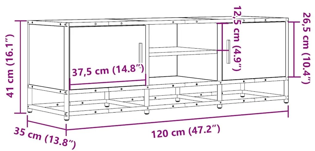 füstös tölgy színű szerelt fa és fém TV-szekrény 120x35x41 cm