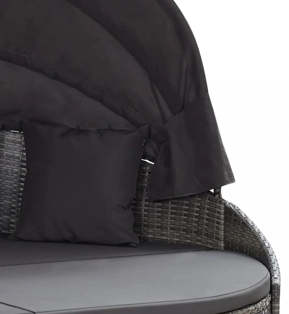 szürke polyrattan kültéri napozóágy napellenzővel