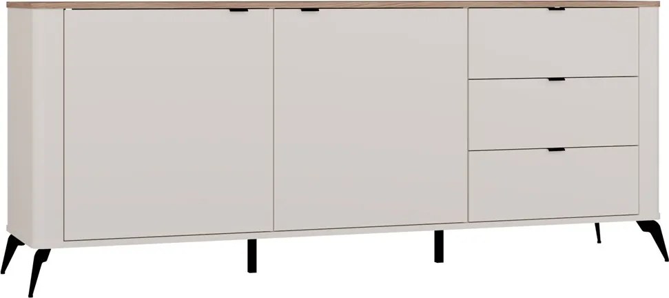Aldabra CORDOBA 2D3S komód 183x43x11.5 cm, kasmír, fekete lábakkal, tölgy fedlappal