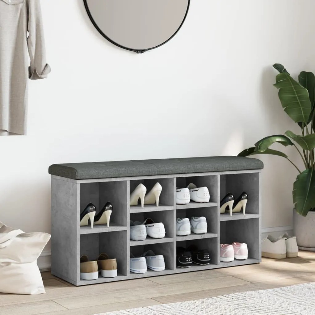 betonszürke szerelt fa cipőtároló pad 102 x 32 x 50 cm