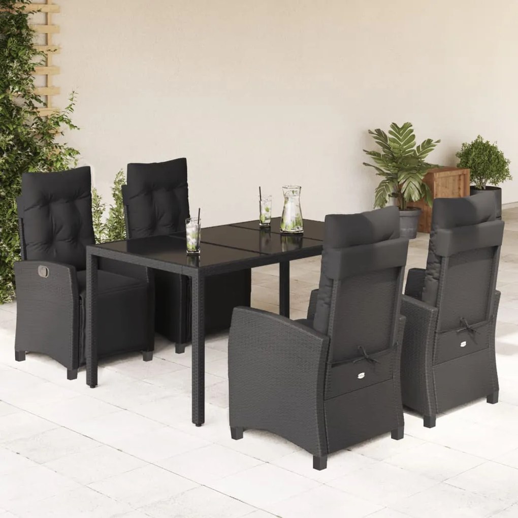 5 részes fekete polyrattan kerti étkezőgarnitúra párnákkal