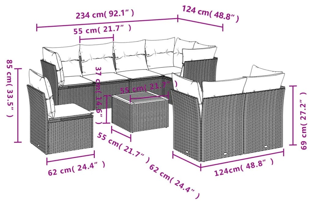 9 részes fekete polyrattan kerti ülőgarnitúra párnákkal