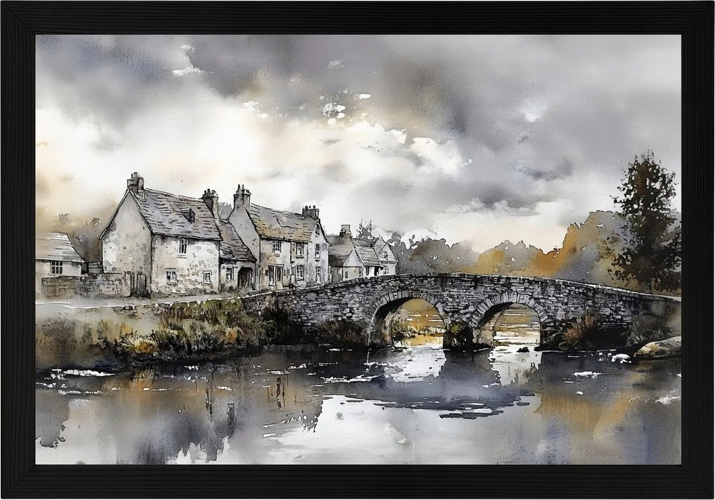 Poszter Keret Fa Tájkép Anglia Város Házak Folyó Híd 60x40