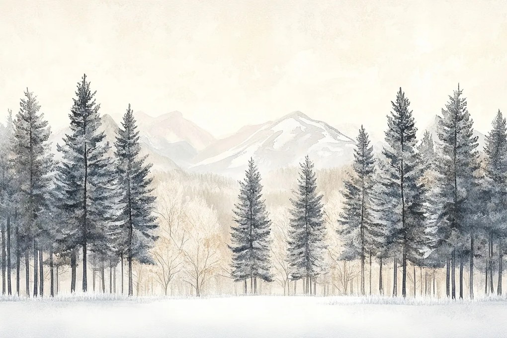 Fotótapéta Flizelina Tájkép Hegyek Erdő Fák Tél Bézs Szürke 312x219 ragasztó