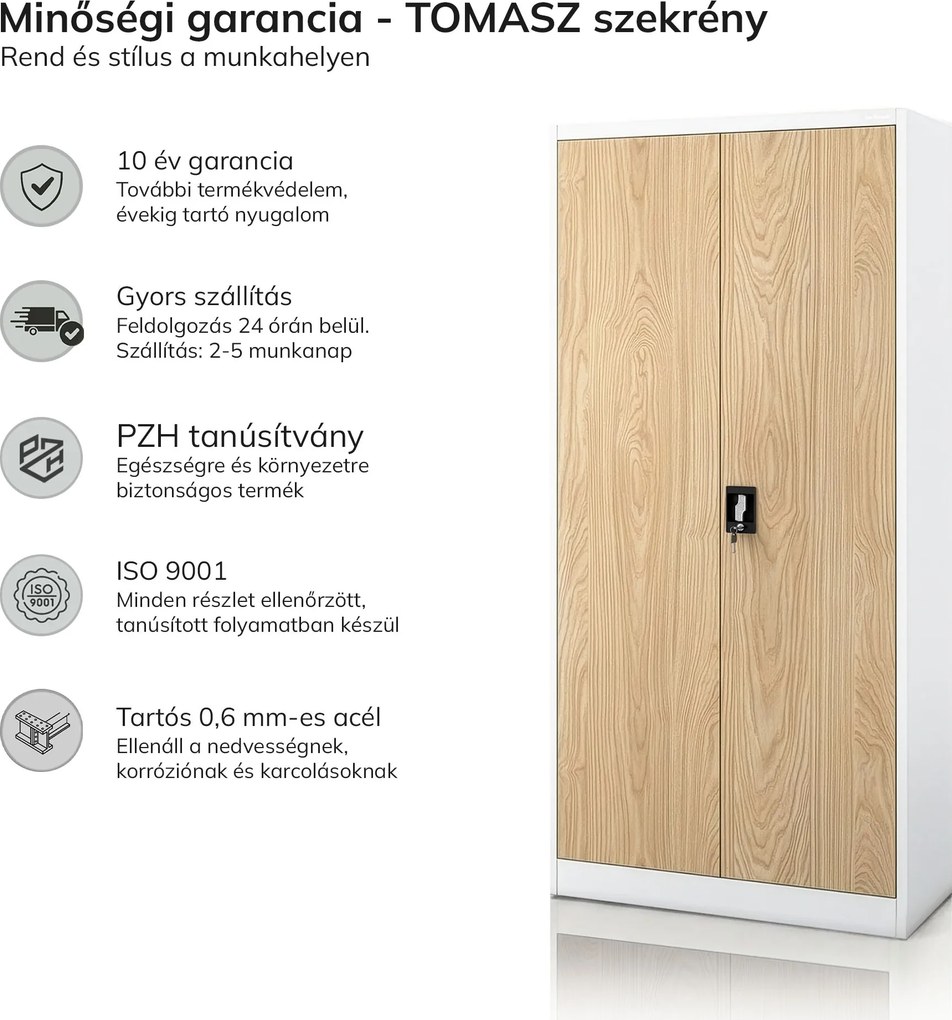 Fém szekrény tárolórekesszel, fehér/sonoma tölgy, 900x1850x450 mm: TOMASZ Eco Design