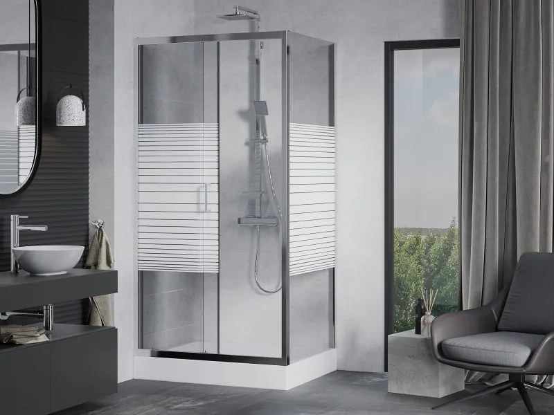 Mexen Apia 100 x 80 cm-es tolóajtós zuhanykabin, fehér csíkok, króm + Rio zuhanytálca - 840-100-080-01-20-4510